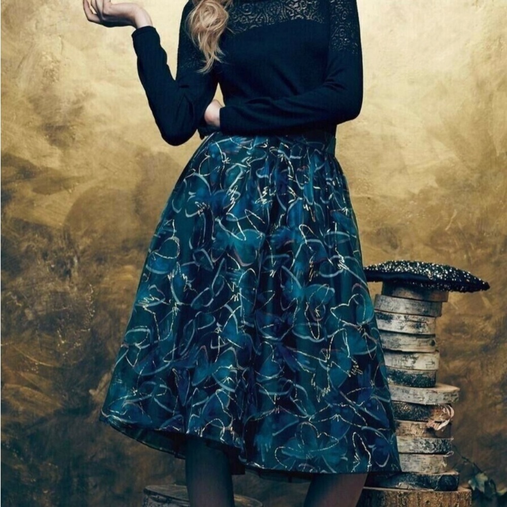 Moulinette Soeurs tulle navy gold midi skirt. Boho schiffon tulle skirt Size 6-8